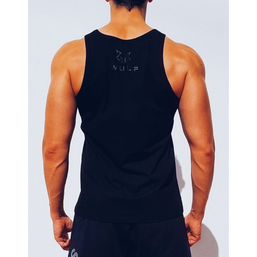 Standard Cut Mens Wolf 2 Print Black Gym Vest Stringer