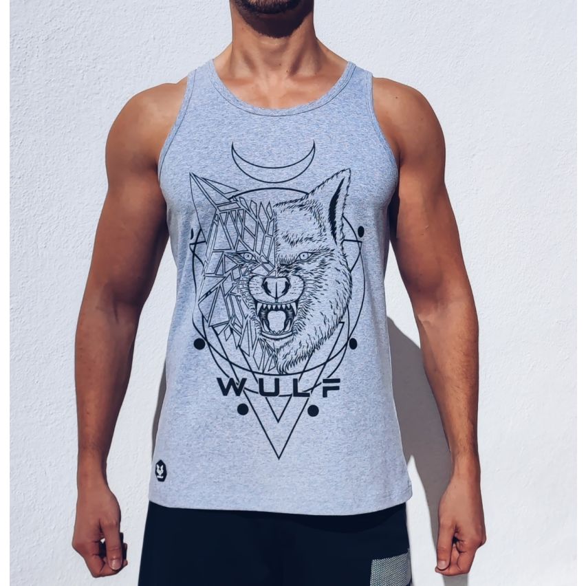 Standard Cut Mens Wolf 1 Print Grey Gym Vest Stringer