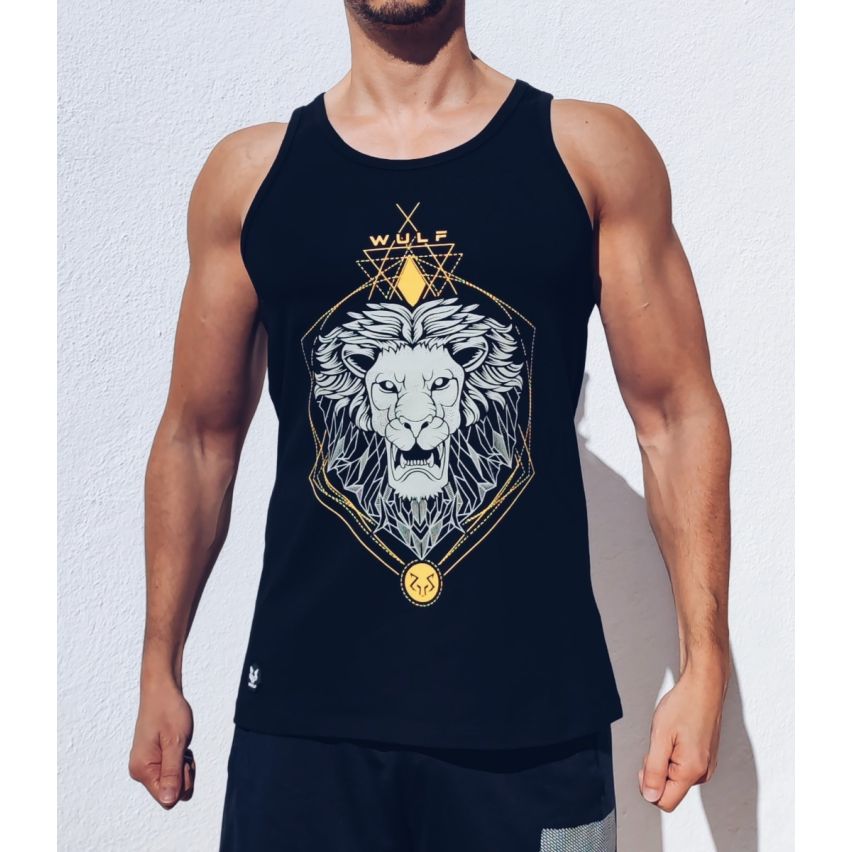 Standard Cut Mens Lion Print Black Gym Vest Stringer