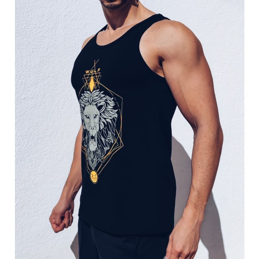 Standard Cut Mens Lion Print Black Gym Vest Stringer
