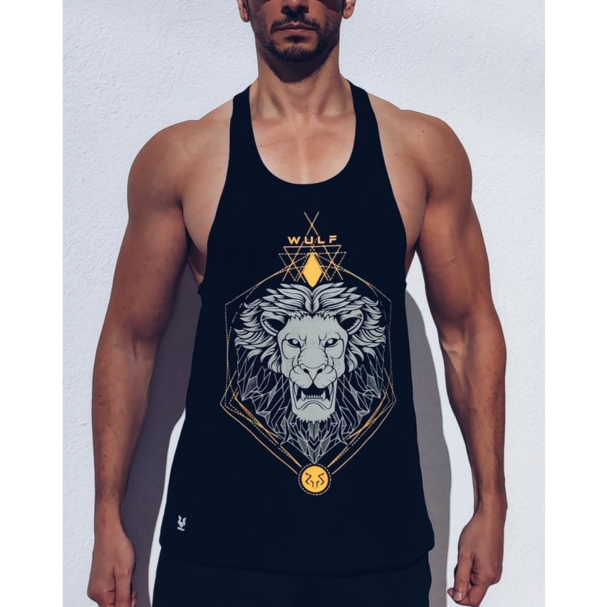 Racerback Mens Lion Print Black Gym Vest Stringer