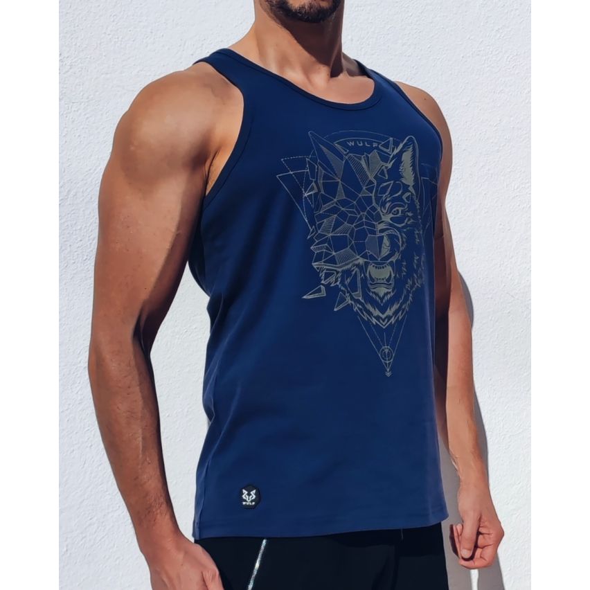 Standard Cut Mens Wolf 2 Print Navy Gym Vest Stringer