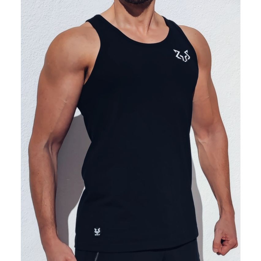 Standard Cut Mens Plain Black Gym Vest Stringer