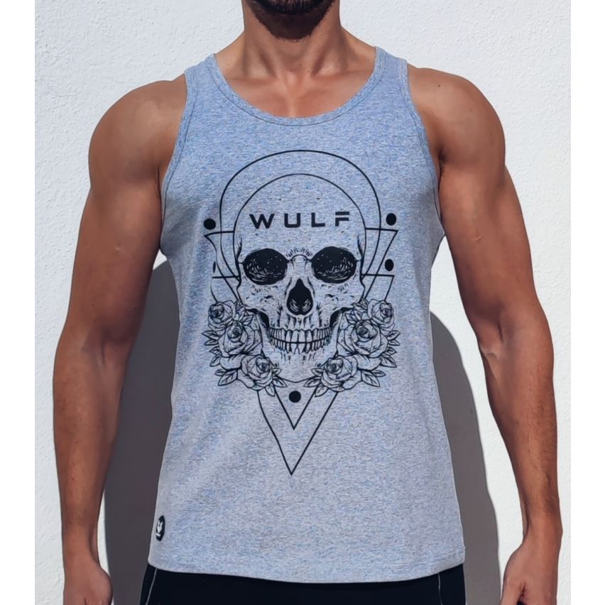 Standard Cut Mens Skull Print Grey Gym Vest Stringer