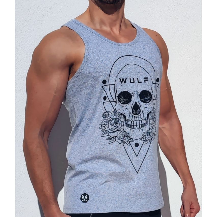 Standard Cut Mens Skull Print Grey Gym Vest Stringer