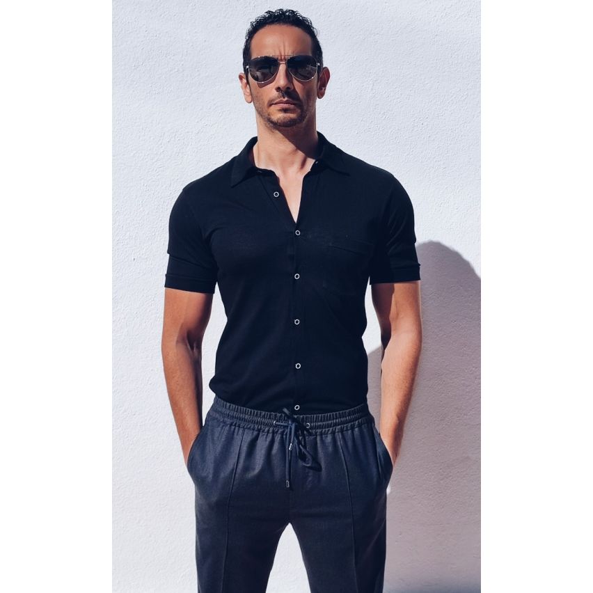 Linen Blend Mens Muscle Fit Short Sleeve Shirt In Black