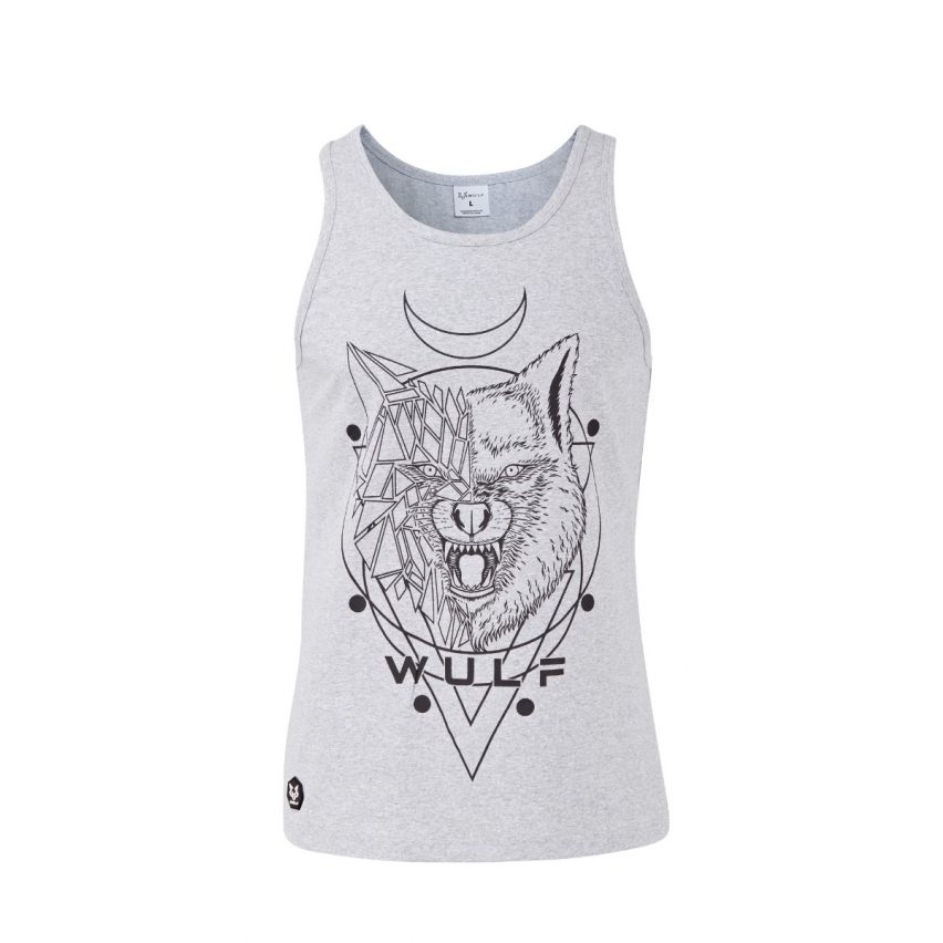 Standard Cut Mens Wolf 1 Print Grey Gym Vest Stringer